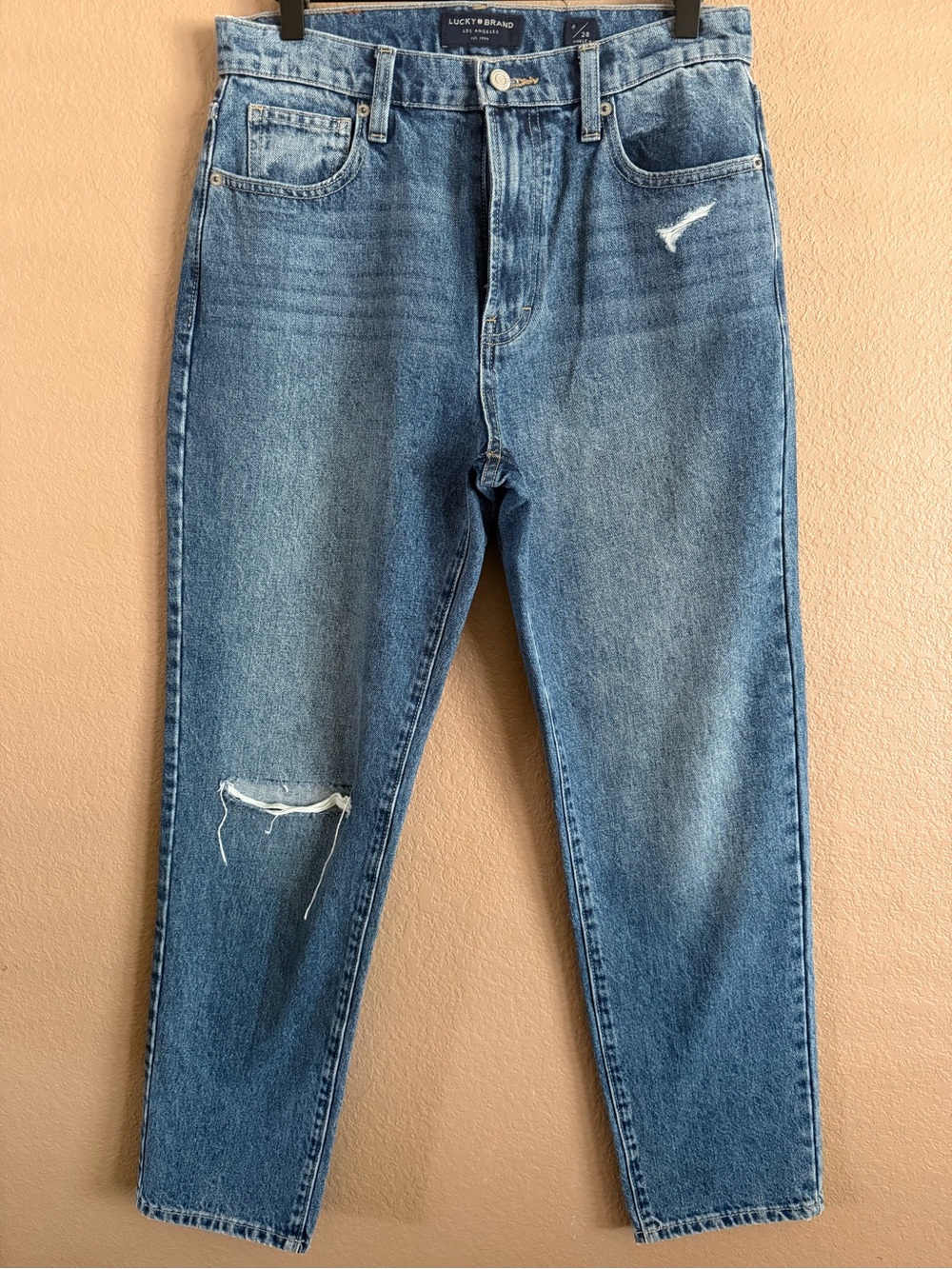 Lucky Brand Distressed High-Rise Mom Jeans in Medium Blue Size 6
